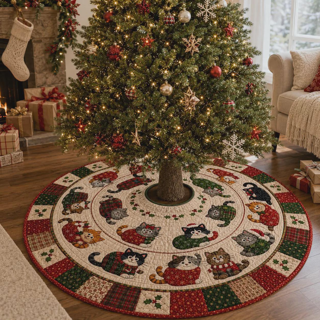 Cat Christmas Tree Skirt – Quilt Style Holiday Tree Skirt with Cute Christmas Cats Decor, Pet Lover Xmas Tree Base Cover - photo 11