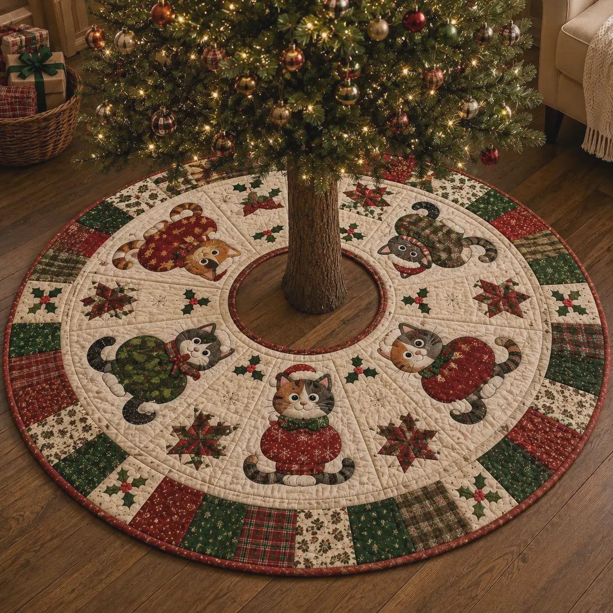 Cat Christmas Tree Skirt – Quilt Style Holiday Tree Skirt with Cute Christmas Cats Decor, Pet Lover Xmas Tree Base Cover - photo 12