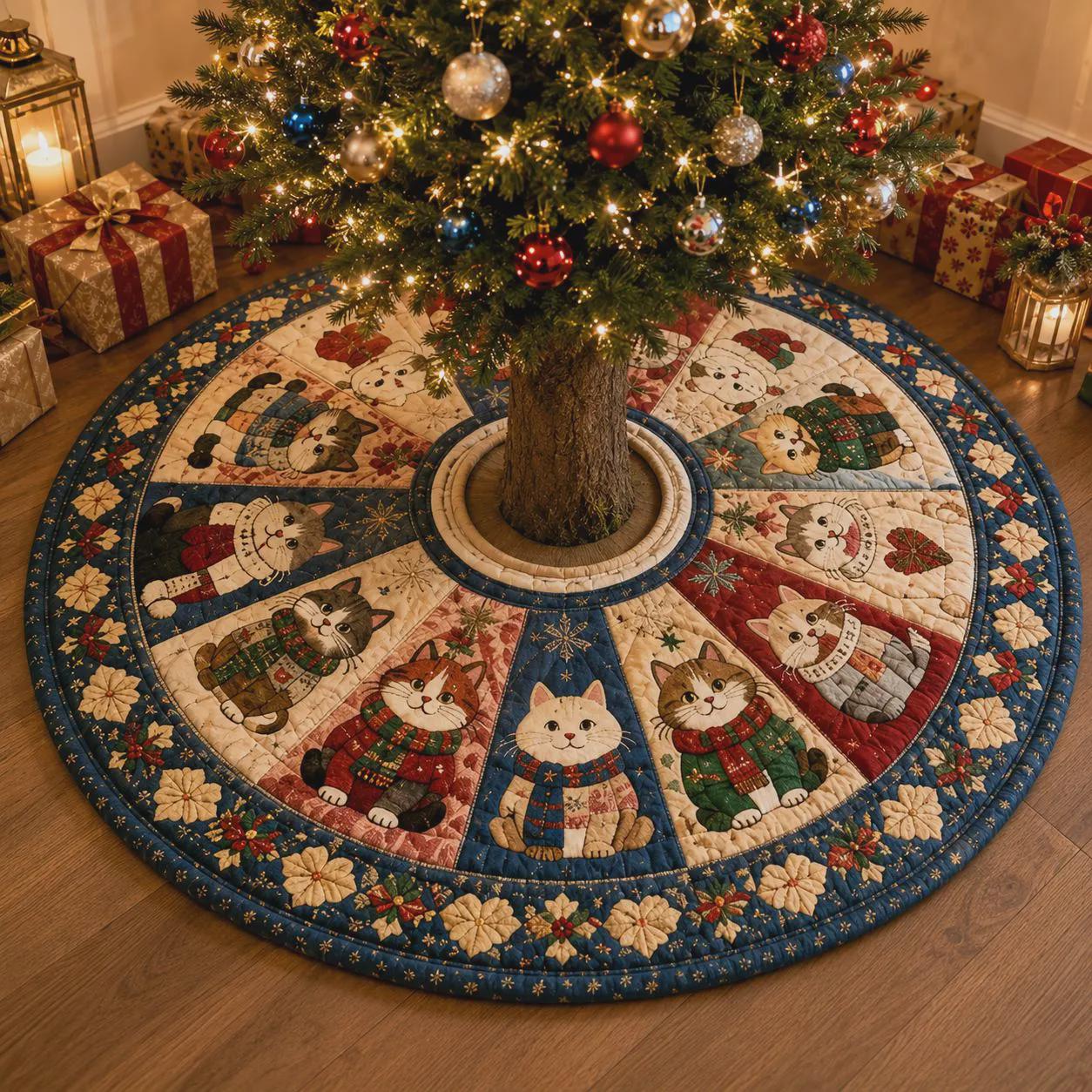 Cat Christmas Tree Skirt – Quilt Style Holiday Tree Skirt with Cute Christmas Cats Decor, Pet Lover Xmas Tree Base Cover - photo 13