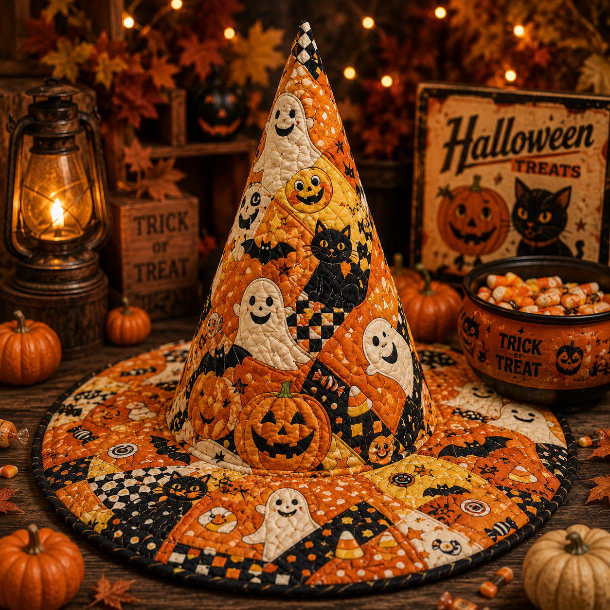 Halloween Witch Hat Decor β Quilted Patchwork Witch Hat with Ghost Pumpkin Black Cat Tabletop, Spooky Fall Shelf Decor