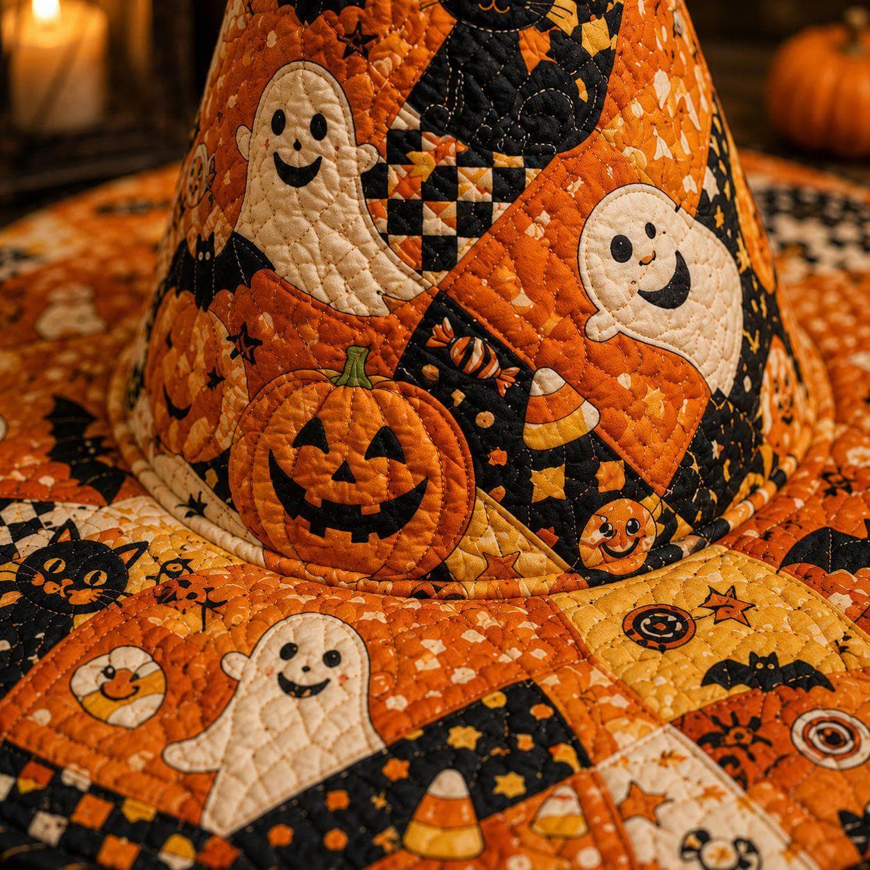 Halloween Witch Hat Decor – Quilted Patchwork Witch Hat with Ghost Pumpkin Black Cat Tabletop, Spooky Fall Shelf Decor - photo 2