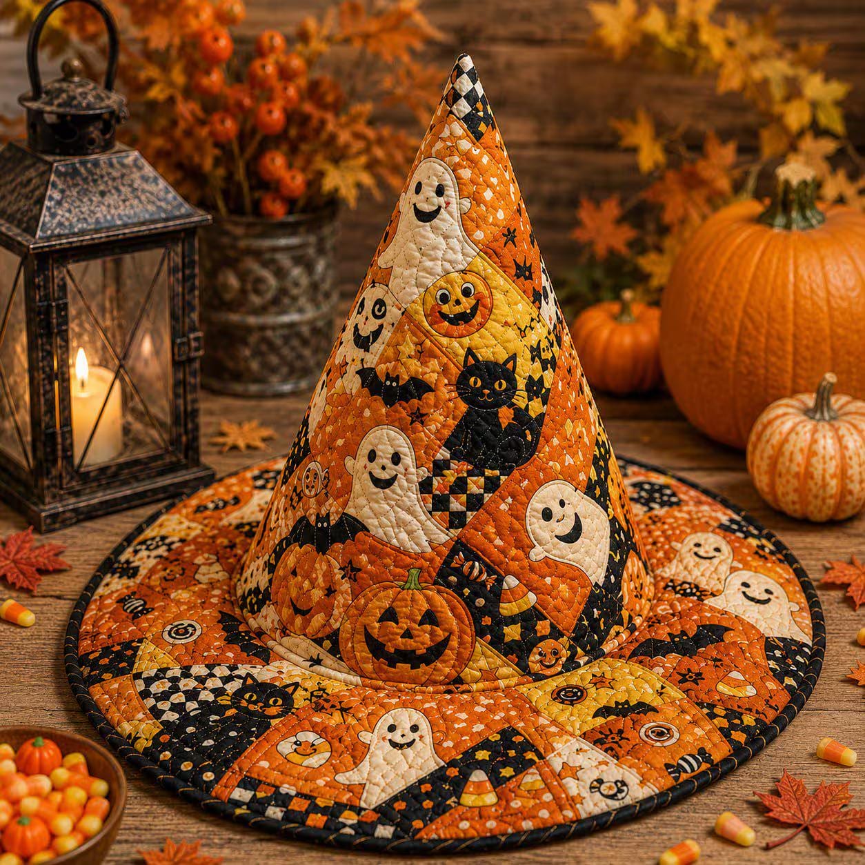 Halloween Witch Hat Decor – Quilted Patchwork Witch Hat with Ghost Pumpkin Black Cat Tabletop, Spooky Fall Shelf Decor - photo 3