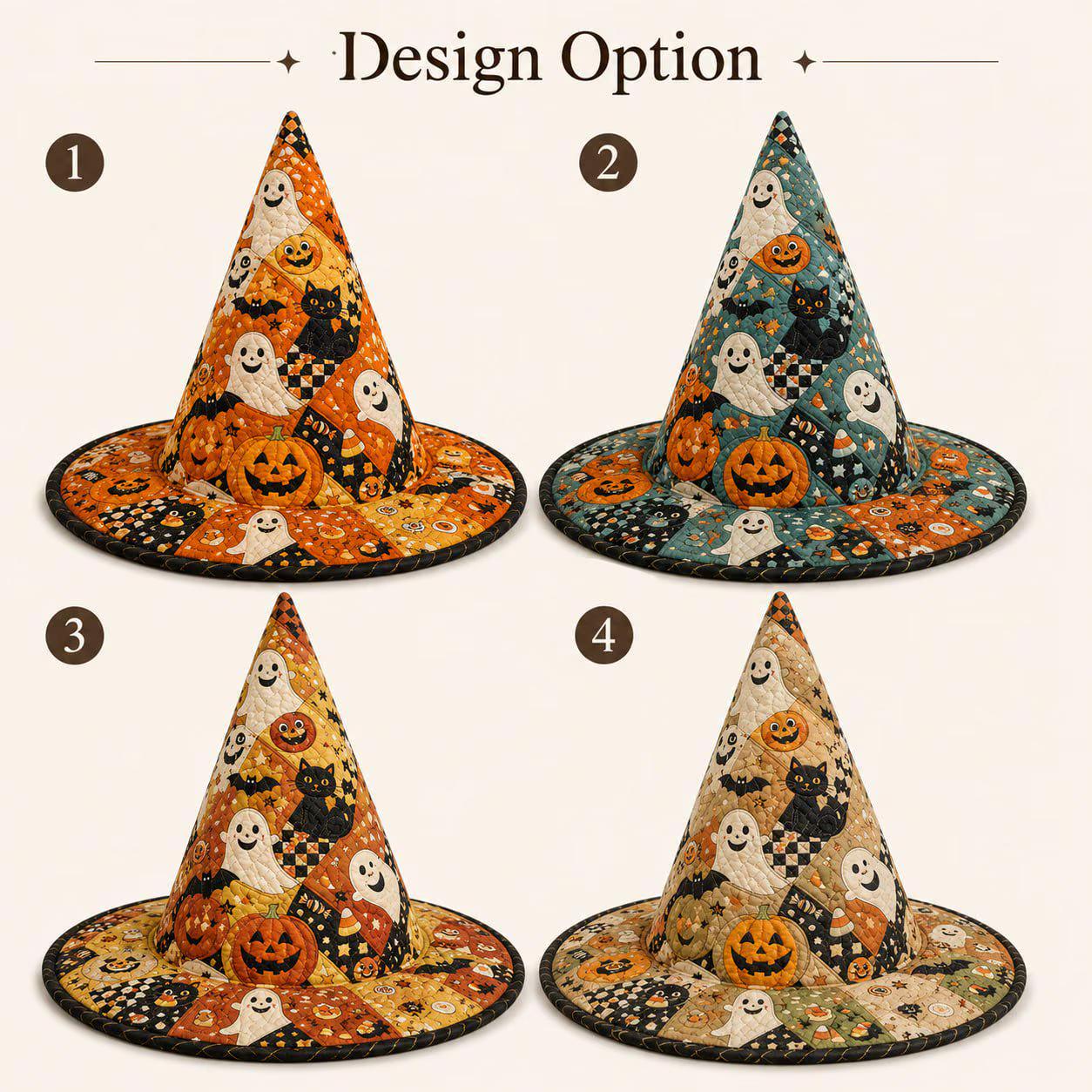 Halloween Witch Hat Decor – Quilted Patchwork Witch Hat with Ghost Pumpkin Black Cat Tabletop, Spooky Fall Shelf Decor - photo 4