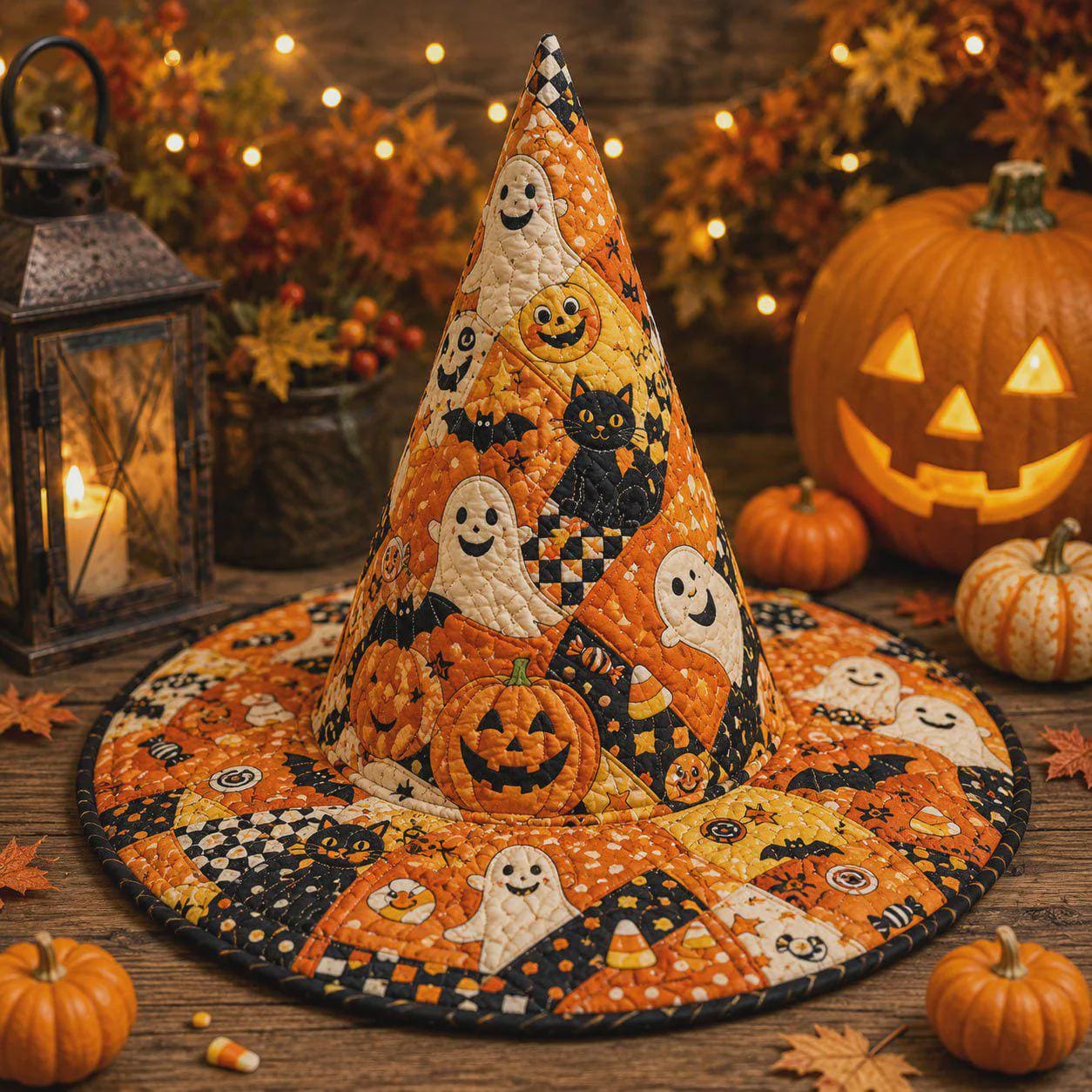 Halloween Witch Hat Decor – Quilted Patchwork Witch Hat with Ghost Pumpkin Black Cat Tabletop, Spooky Fall Shelf Decor - photo 6