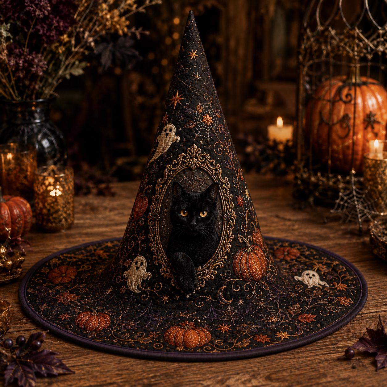 Black Cat Witch Hat Decor β Quilted Gothic Witch Hat with Pumpkin Ghost Halloween Tabletop, Spooky Shelf Decor for Cat Lovers