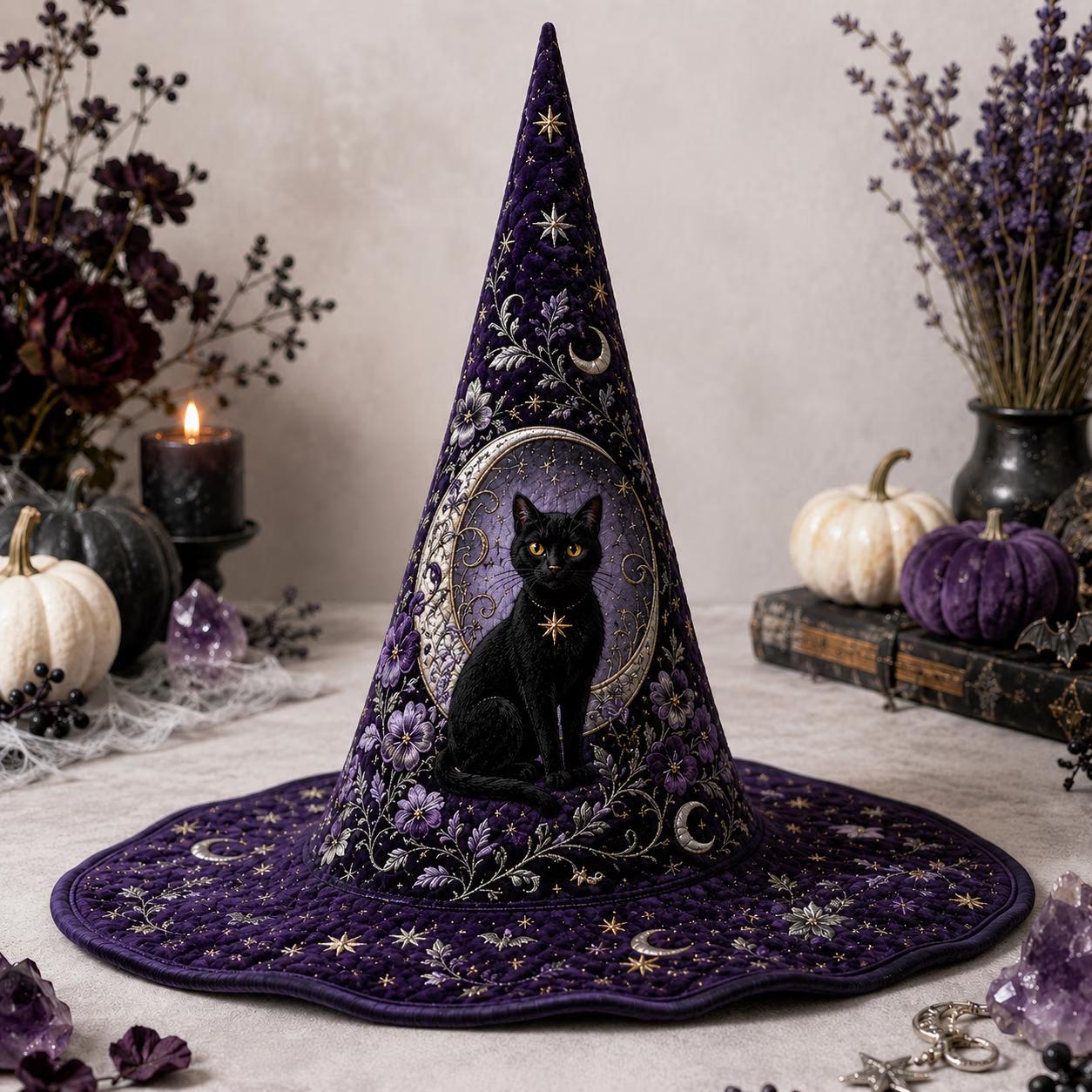 Black Cat Witch Hat Decor – Quilted Gothic Witch Hat with Pumpkin Ghost Halloween Tabletop, Spooky Shelf Decor for Cat Lovers - photo 2