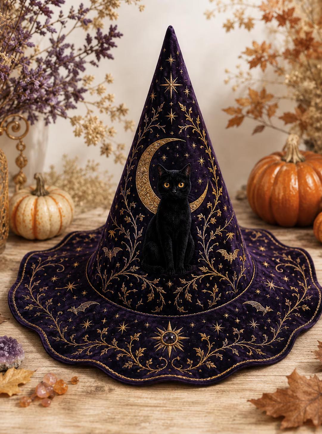 Black Cat Witch Hat Decor – Quilted Gothic Witch Hat with Pumpkin Ghost Halloween Tabletop, Spooky Shelf Decor for Cat Lovers - photo 5