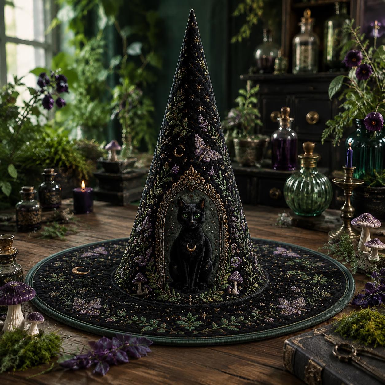 Black Cat Witch Hat Decor – Quilted Gothic Witch Hat with Pumpkin Ghost Halloween Tabletop, Spooky Shelf Decor for Cat Lovers - photo 7
