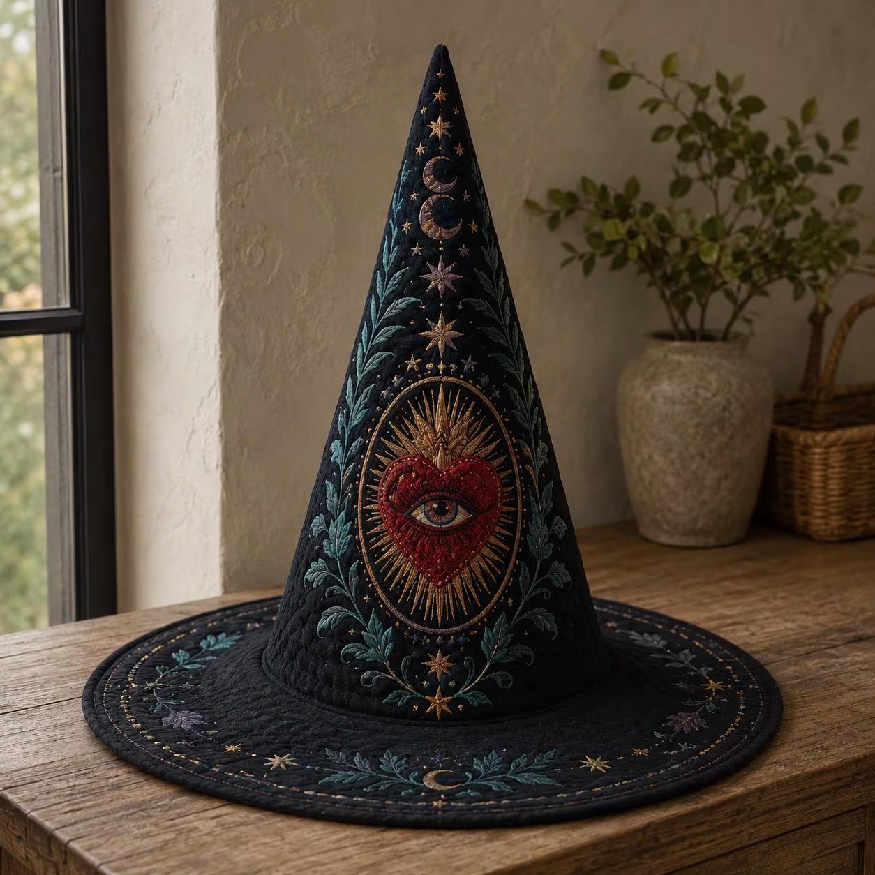 Sacred Heart Witch Hat Decor with Quilted Celestial Design and Gothic Spiritual Tabletop Hat for Halloween Shelf and Home Witchy Decor