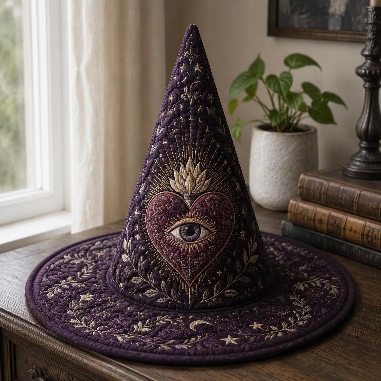 Sacred Heart Witch Hat Decor with Quilted Celestial Design and Gothic Spiritual Tabletop Hat for Halloween Shelf and Home Witchy Decor - photo 2