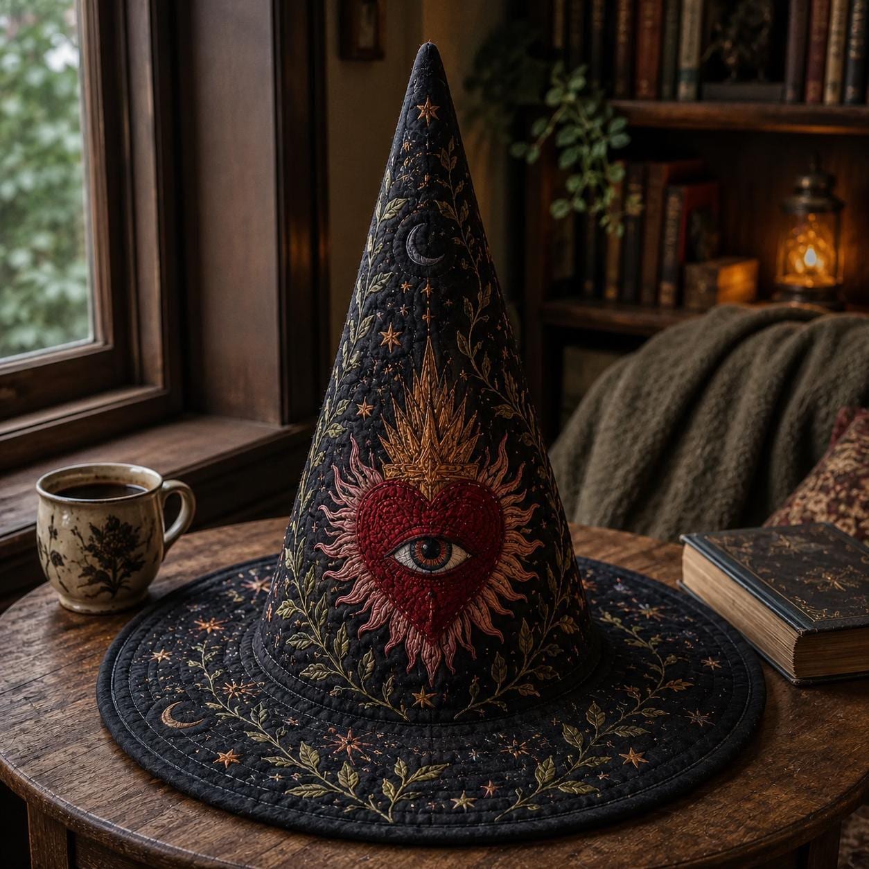 Sacred Heart Witch Hat Decor with Quilted Celestial Design and Gothic Spiritual Tabletop Hat for Halloween Shelf and Home Witchy Decor - photo 3