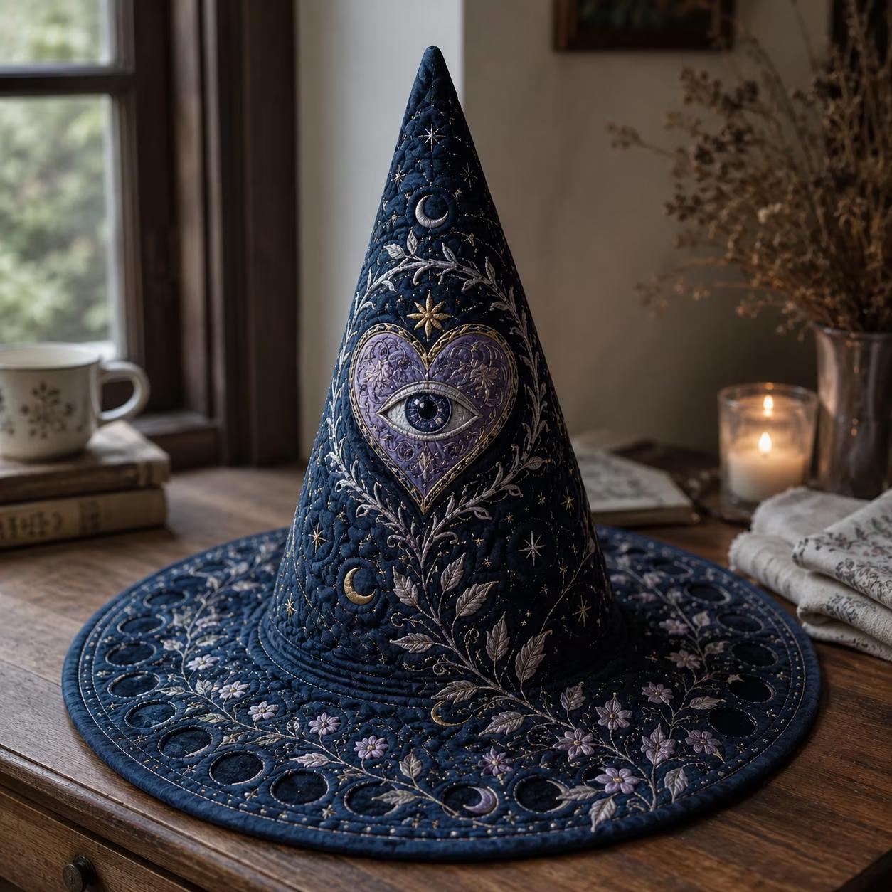 Sacred Heart Witch Hat Decor with Quilted Celestial Design and Gothic Spiritual Tabletop Hat for Halloween Shelf and Home Witchy Decor - photo 6