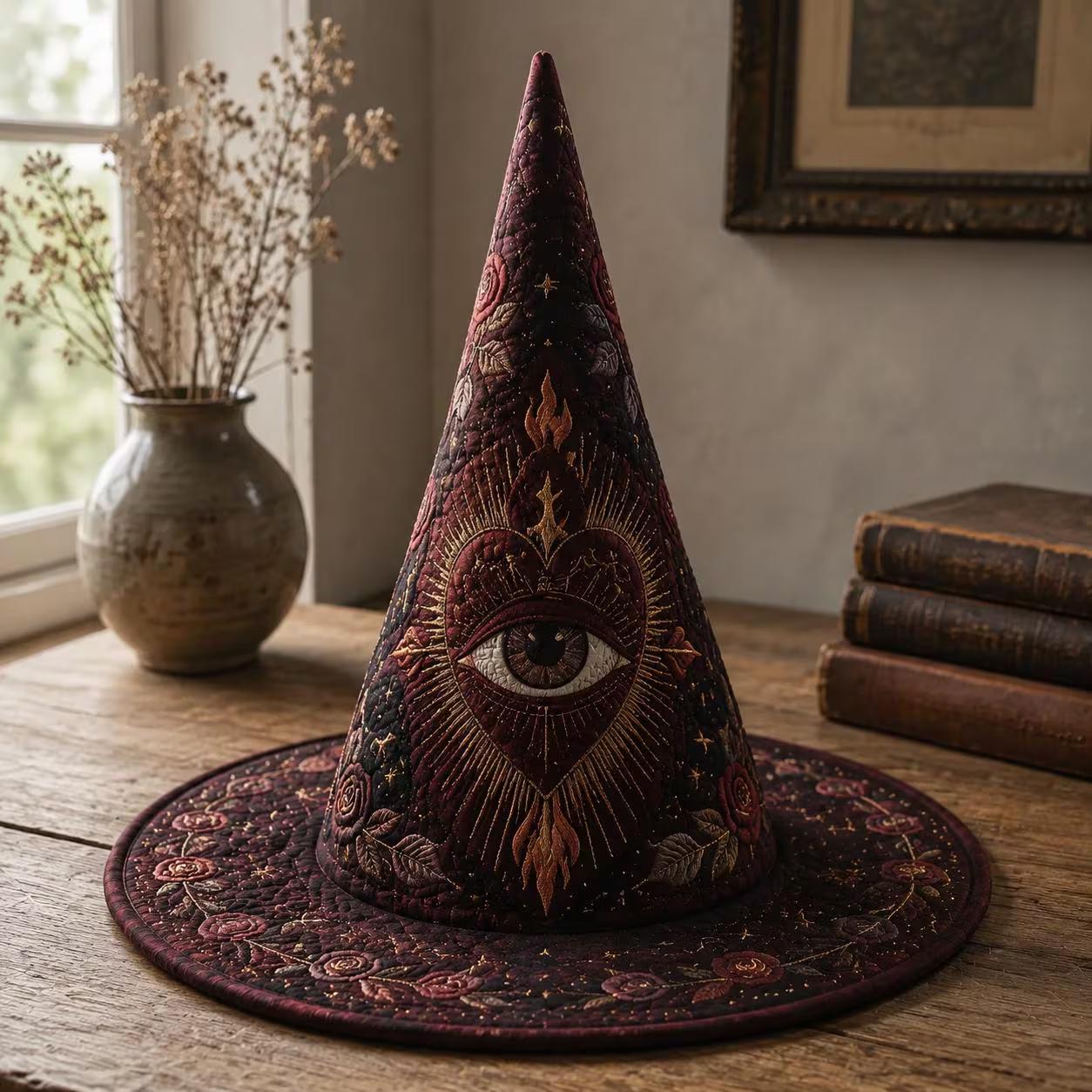 Sacred Heart Witch Hat Decor with Quilted Celestial Design and Gothic Spiritual Tabletop Hat for Halloween Shelf and Home Witchy Decor - photo 7