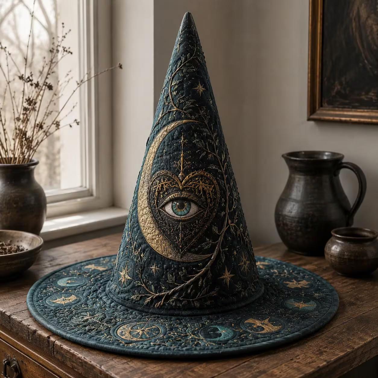 Sacred Heart Witch Hat Decor with Quilted Celestial Design and Gothic Spiritual Tabletop Hat for Halloween Shelf and Home Witchy Decor - photo 8