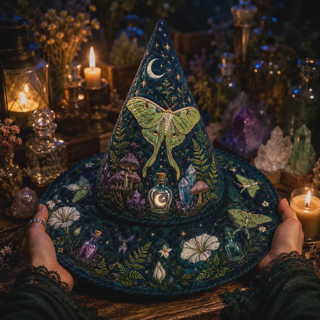 Witch Hat Decor with Quilted Luna Moth Apothecary Celestial Design for Gothic Halloween Tabletop Shelf and Witchy Gift