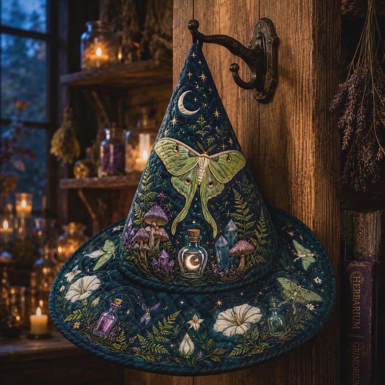 Witch Hat Decor with Quilted Luna Moth Apothecary Celestial Design for Gothic Halloween Tabletop Shelf and Witchy Gift - photo 2