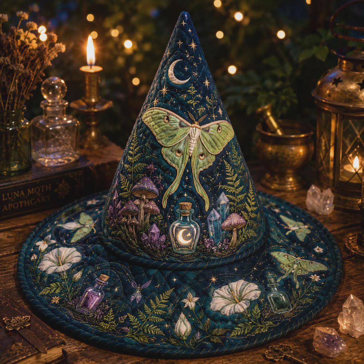Witch Hat Decor with Quilted Luna Moth Apothecary Celestial Design for Gothic Halloween Tabletop Shelf and Witchy Gift - photo 3