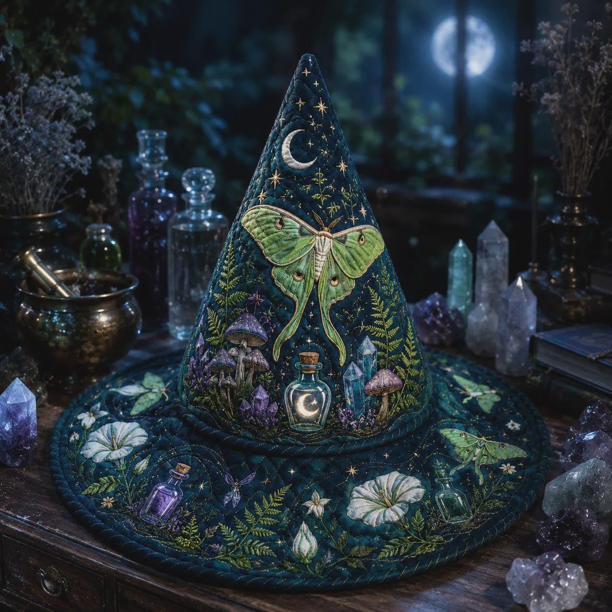 Witch Hat Decor with Quilted Luna Moth Apothecary Celestial Design for Gothic Halloween Tabletop Shelf and Witchy Gift - photo 5