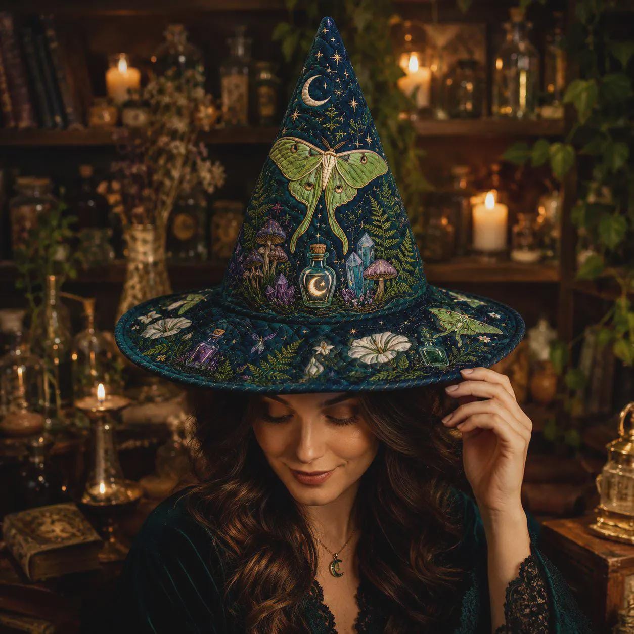 Witch Hat Decor with Quilted Luna Moth Apothecary Celestial Design for Gothic Halloween Tabletop Shelf and Witchy Gift - photo 6