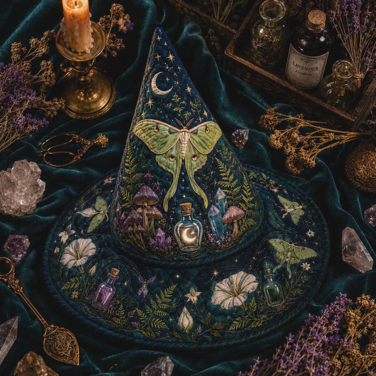 Witch Hat Decor with Quilted Luna Moth Apothecary Celestial Design for Gothic Halloween Tabletop Shelf and Witchy Gift - photo 7