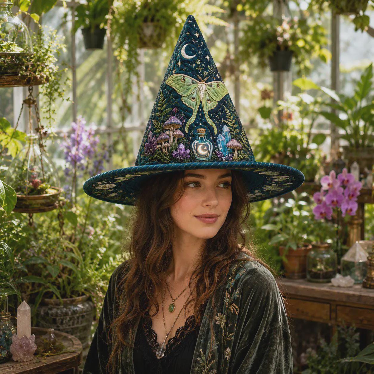 Witch Hat Decor with Quilted Luna Moth Apothecary Celestial Design for Gothic Halloween Tabletop Shelf and Witchy Gift - photo 8