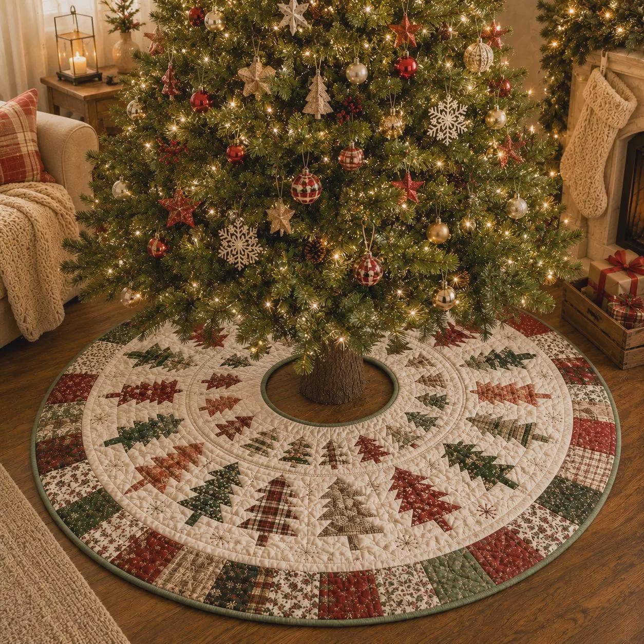 Christmas Tree Skirt with Quilt Style Patchwork Trees for Farmhouse Holiday and Rustic Xmas Tree Decor