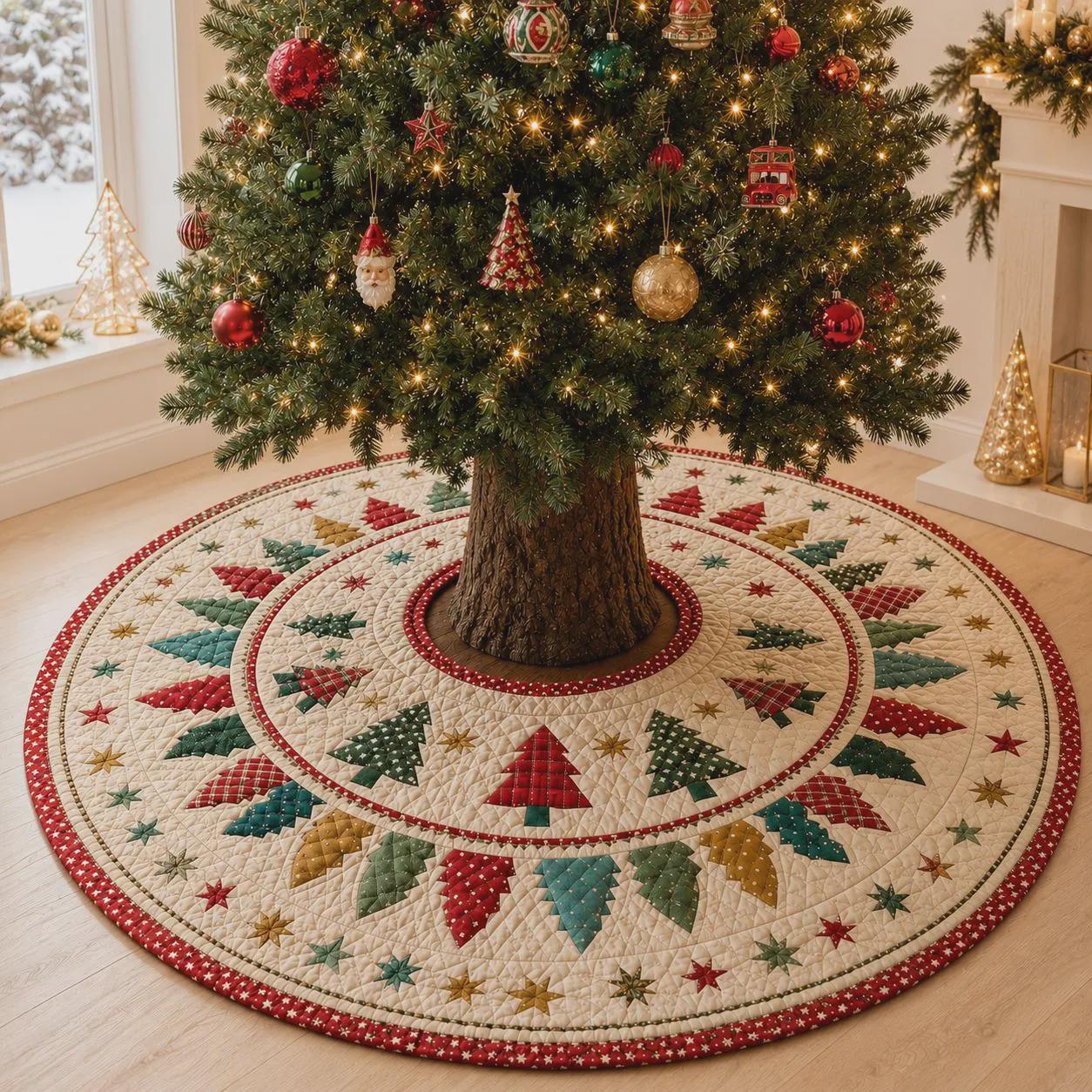 Christmas Tree Skirt with Quilt Style Patchwork Trees for Farmhouse Holiday and Rustic Xmas Tree Decor - photo 2