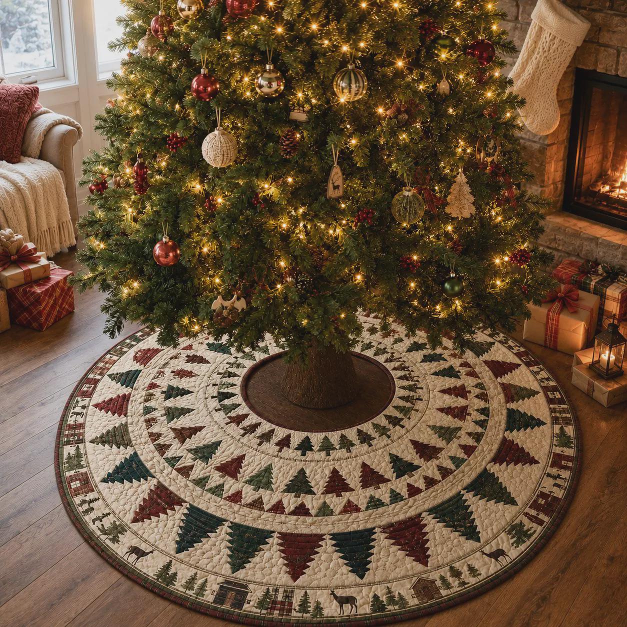 Christmas Tree Skirt with Quilt Style Patchwork Trees for Farmhouse Holiday and Rustic Xmas Tree Decor - photo 3