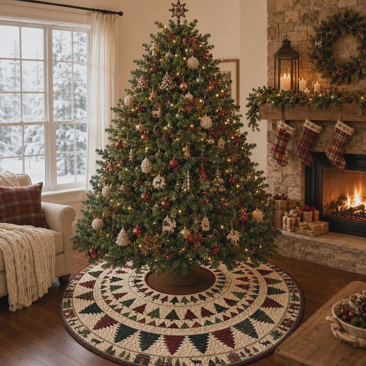 Christmas Tree Skirt with Quilt Style Patchwork Trees for Farmhouse Holiday and Rustic Xmas Tree Decor - photo 4