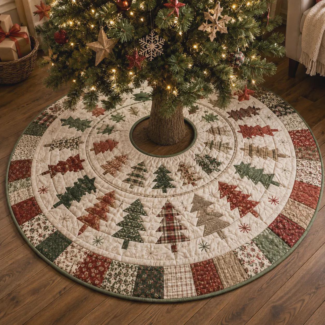 Christmas Tree Skirt with Quilt Style Patchwork Trees for Farmhouse Holiday and Rustic Xmas Tree Decor - photo 5