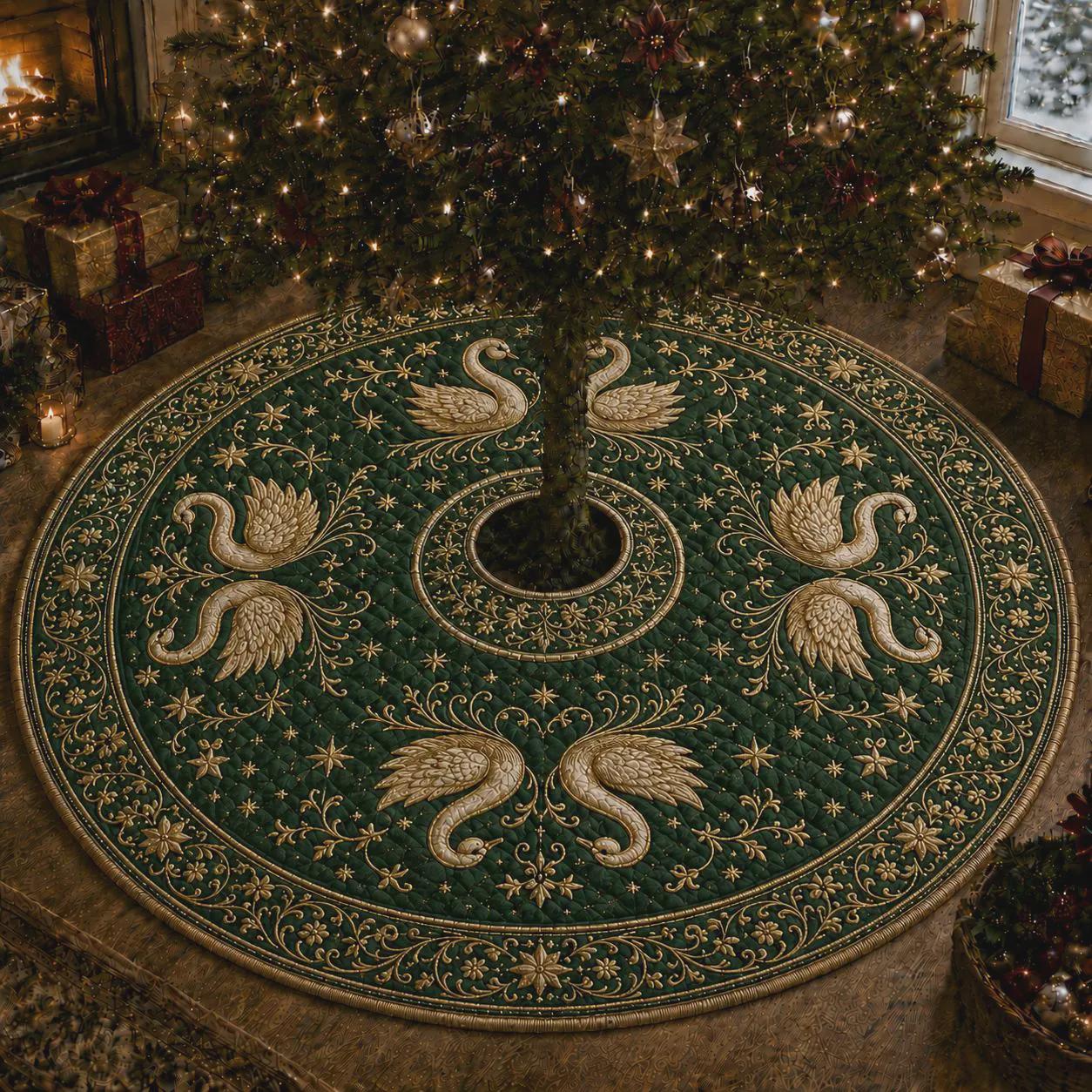 Christmas Tree Skirt with Quilt Style Elegant Swan Design and Emerald Gold for Luxury Holiday Xmas Tree Base Cover Decor