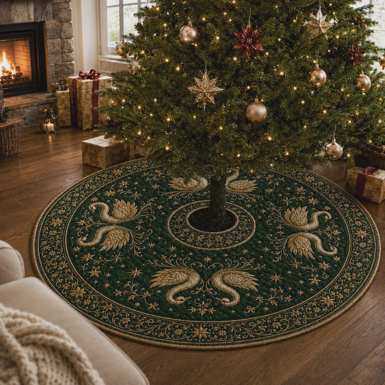 Christmas Tree Skirt with Quilt Style Elegant Swan Design and Emerald Gold for Luxury Holiday Xmas Tree Base Cover Decor - photo 2