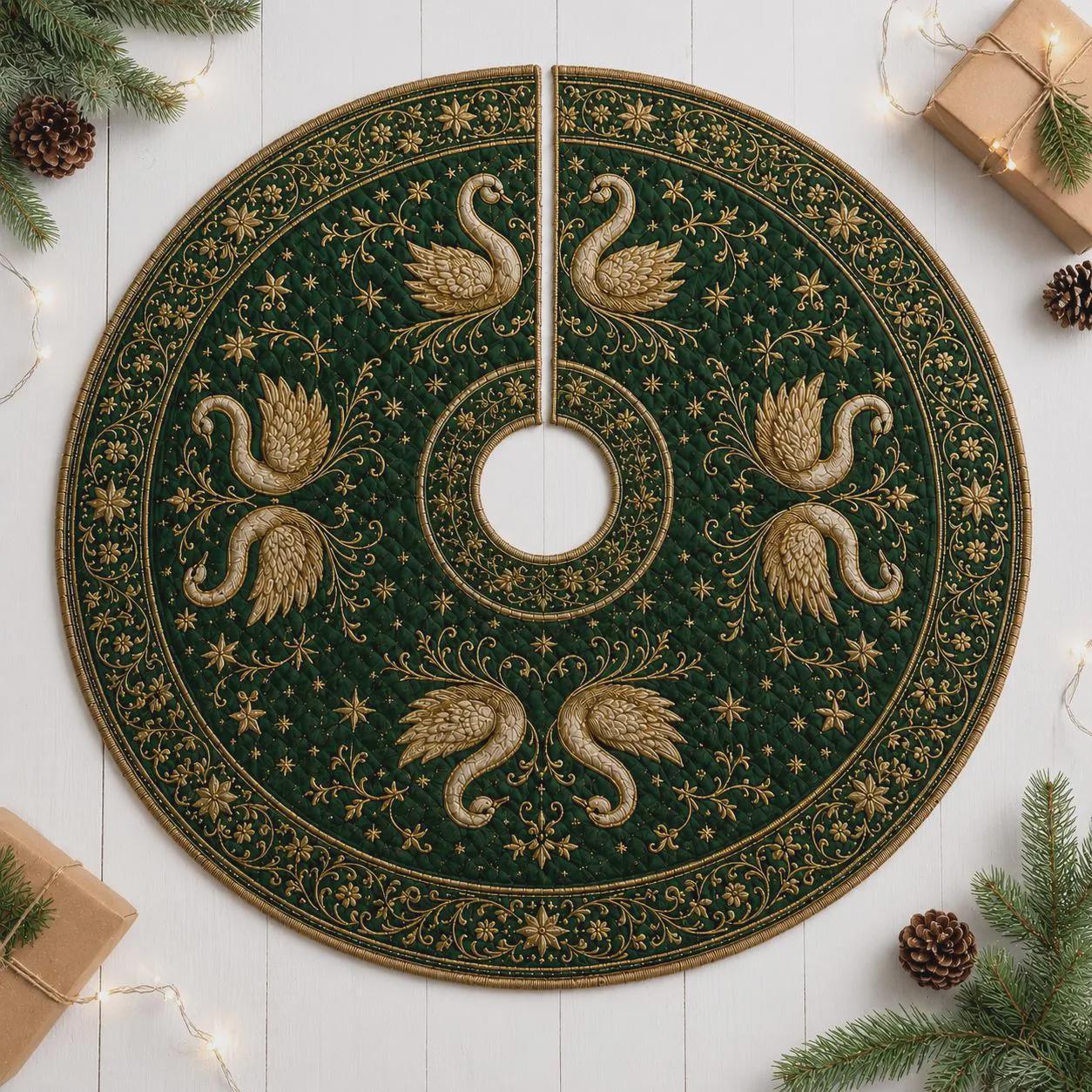 Christmas Tree Skirt with Quilt Style Elegant Swan Design and Emerald Gold for Luxury Holiday Xmas Tree Base Cover Decor - photo 3