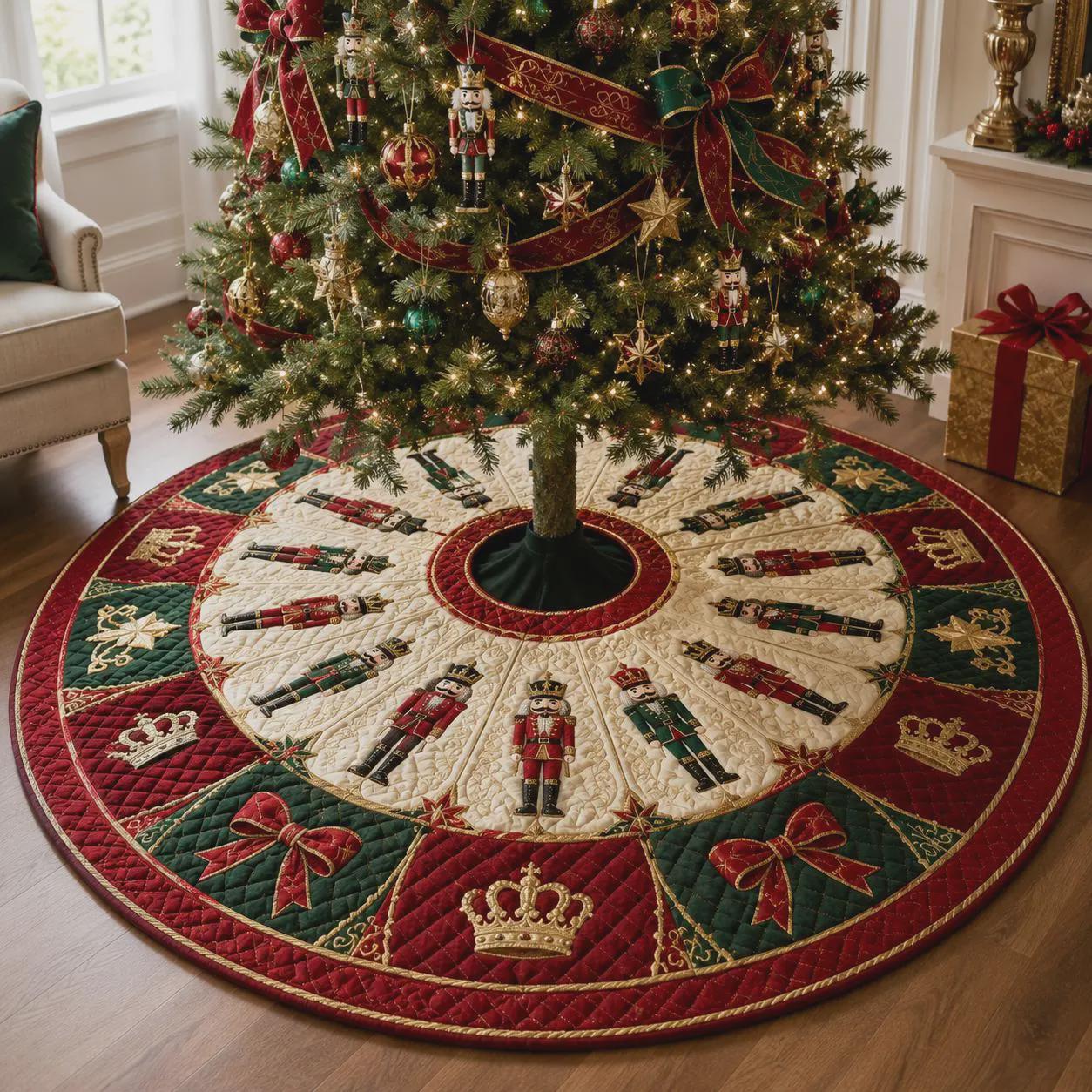 Christmas Tree Skirt with Quilt Style Nutcracker Design for Traditional Holiday and Xmas Tree Base Cover Decor