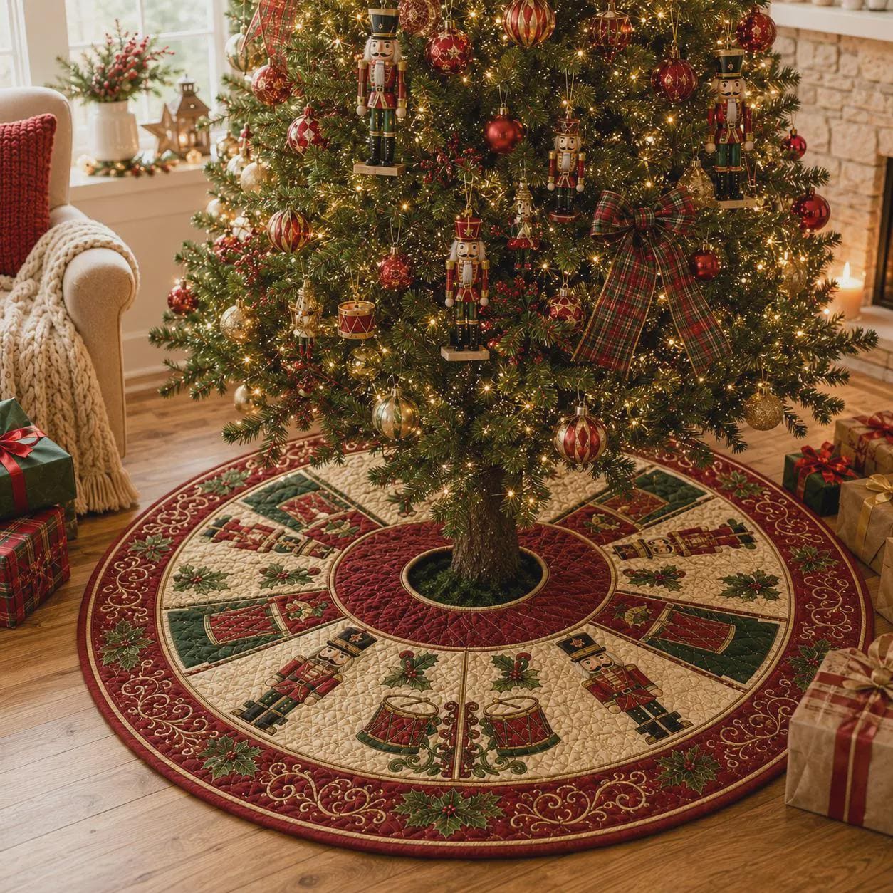 Christmas Tree Skirt with Quilt Style Nutcracker Design for Traditional Holiday and Xmas Tree Base Cover Decor - photo 3