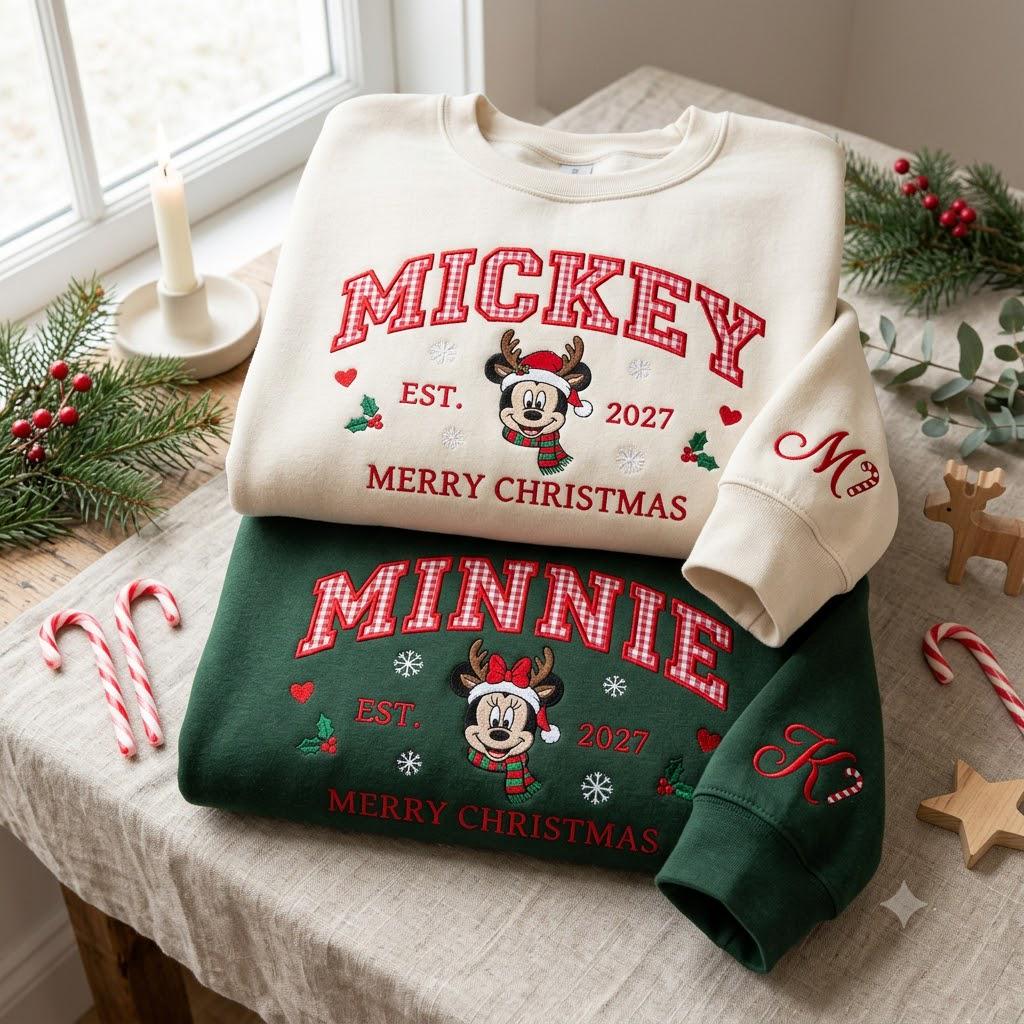 Minnie Mouse Christmas Applique Sweatshirt with Embroidered Gingham Letter Holiday Crewneck – Disney Christmas Shirt for Family Gift