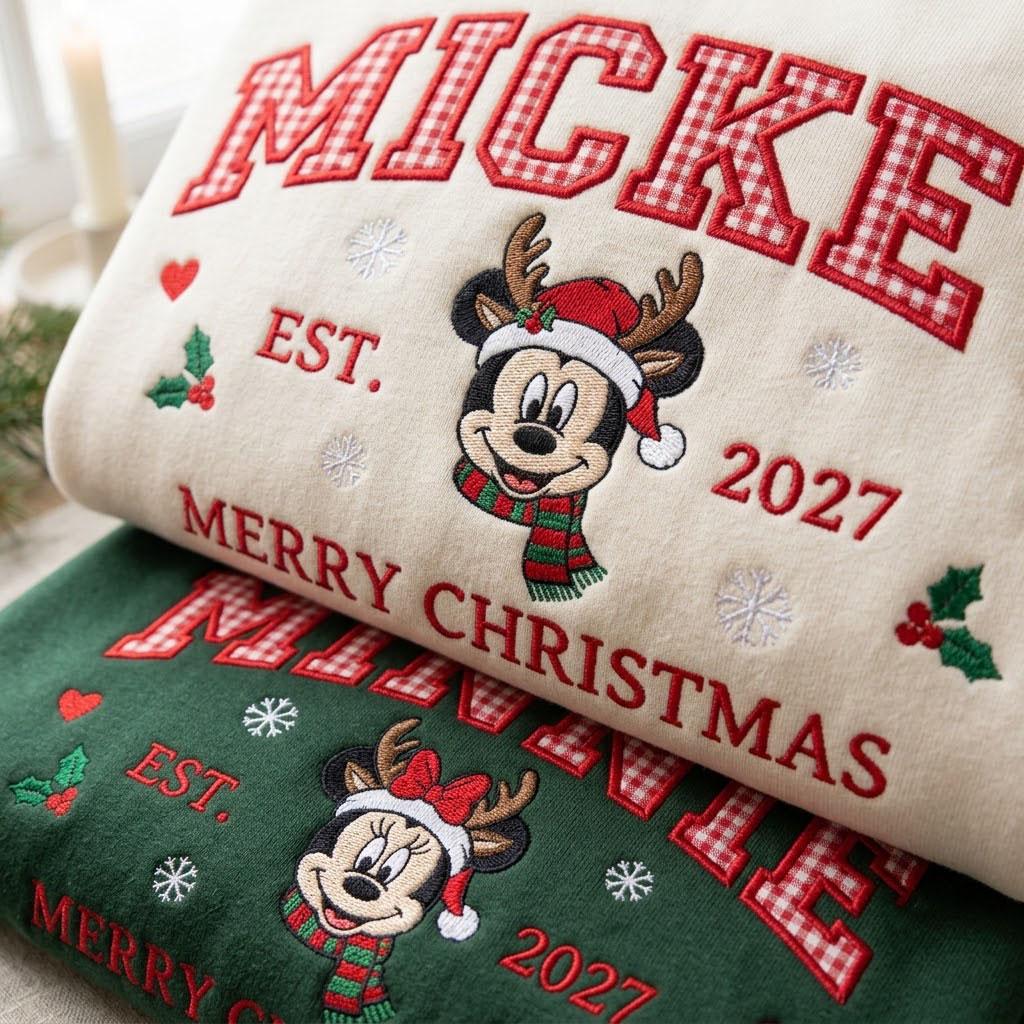 Minnie Mouse Christmas Applique Sweatshirt with Embroidered Gingham Letter Holiday Crewneck – Disney Christmas Shirt for Family Gift - photo 2