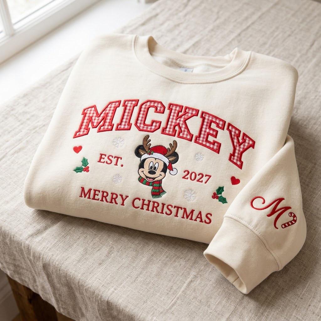 Minnie Mouse Christmas Applique Sweatshirt with Embroidered Gingham Letter Holiday Crewneck – Disney Christmas Shirt for Family Gift - photo 3