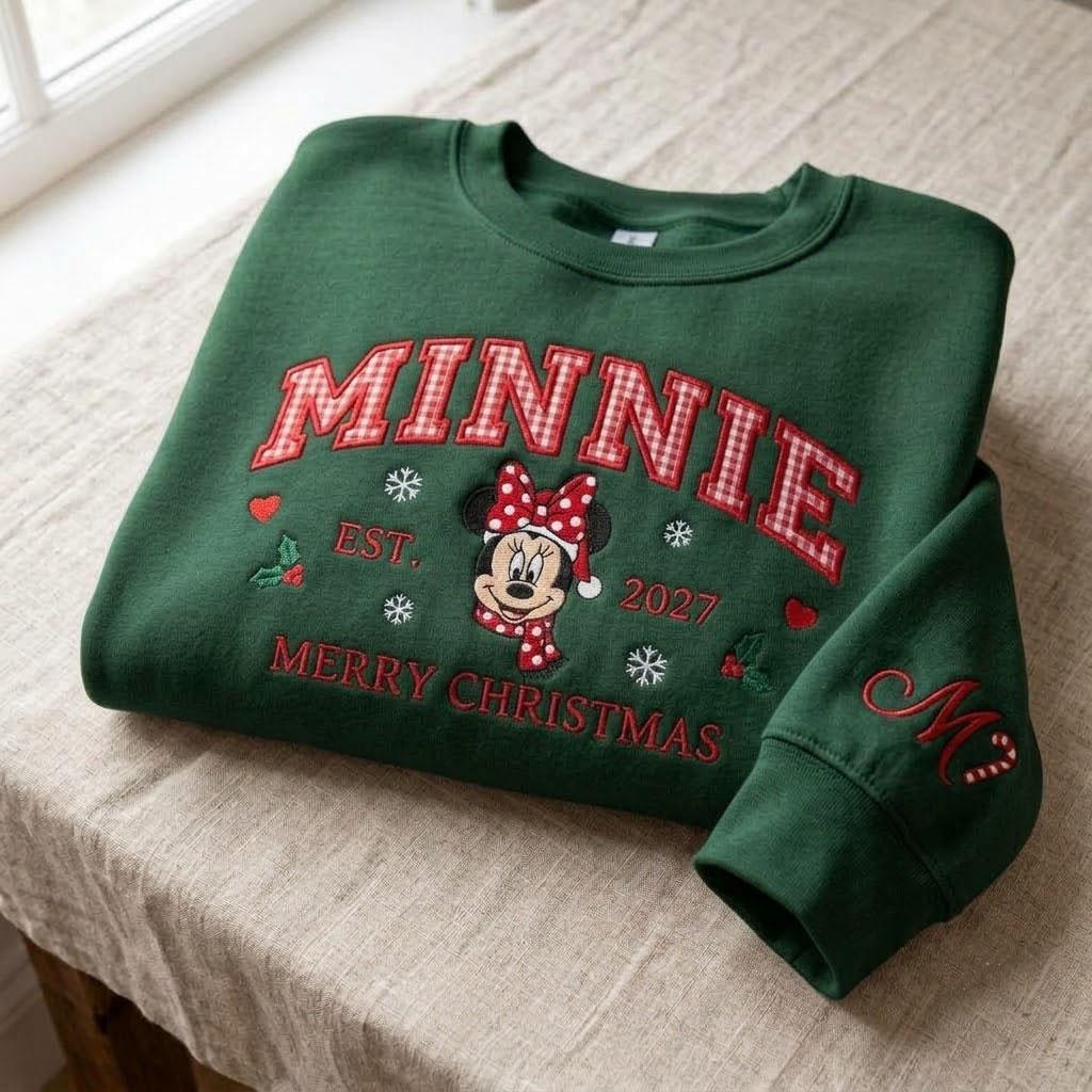 Minnie Mouse Christmas Applique Sweatshirt with Embroidered Gingham Letter Holiday Crewneck – Disney Christmas Shirt for Family Gift - photo 4