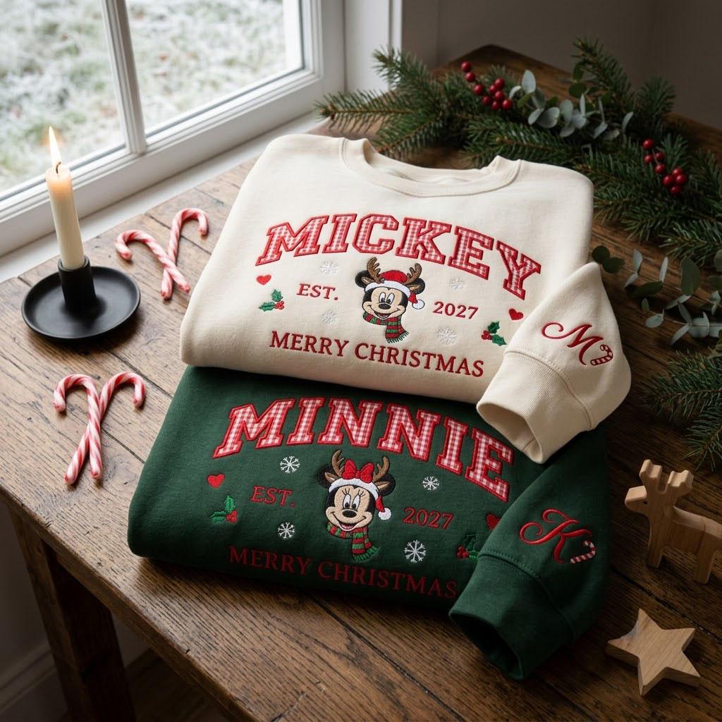 Minnie Mouse Christmas Applique Sweatshirt with Embroidered Gingham Letter Holiday Crewneck – Disney Christmas Shirt for Family Gift - photo 5