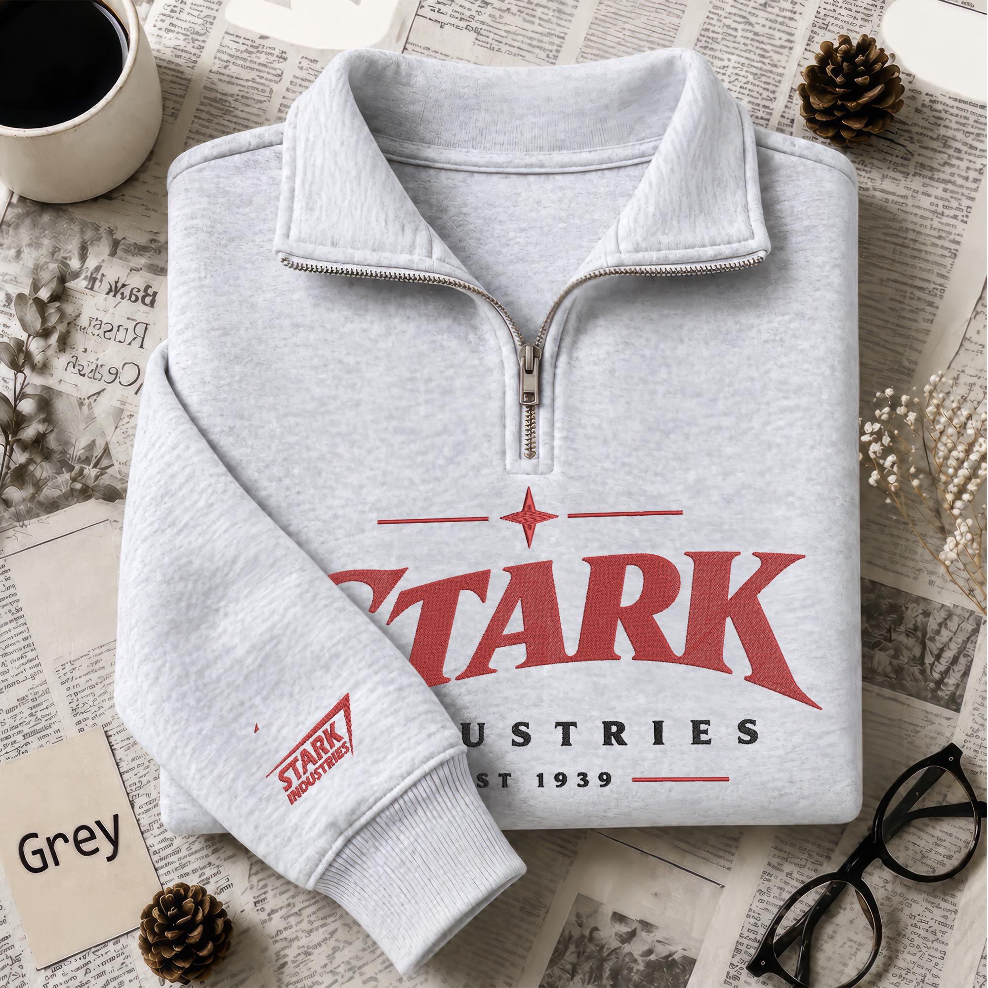 Stark Industries Embroidered Quarter Zip Sweatshirt with Iron Man Hero Embroidery Design for MCU Fans
