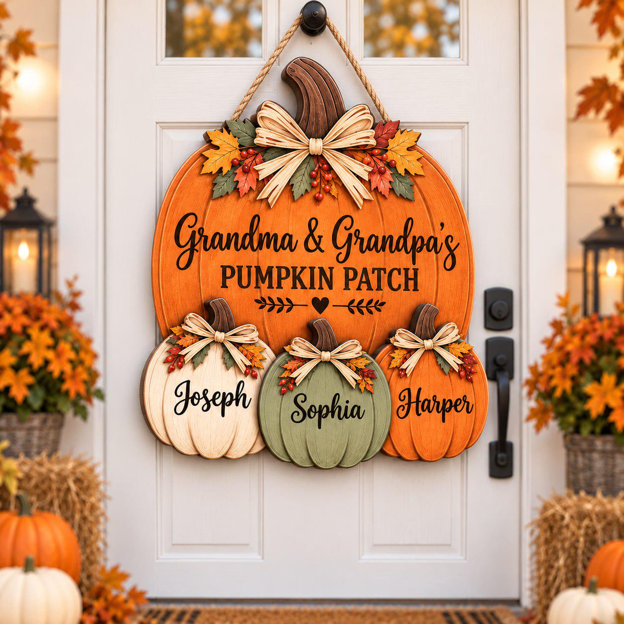 Personalized Grandma Grandpa Pumpkin Door Hanger with Family Patch Sign and Custom Grandkids Names for Fall Porch Decor