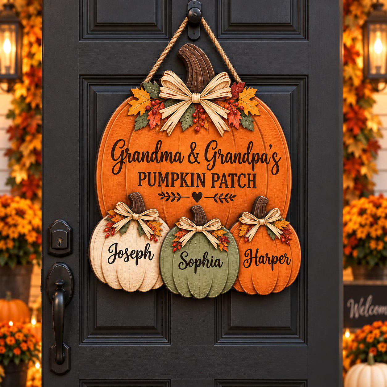 Personalized Grandma Grandpa Pumpkin Door Hanger with Family Patch Sign and Custom Grandkids Names for Fall Porch Decor - photo 2