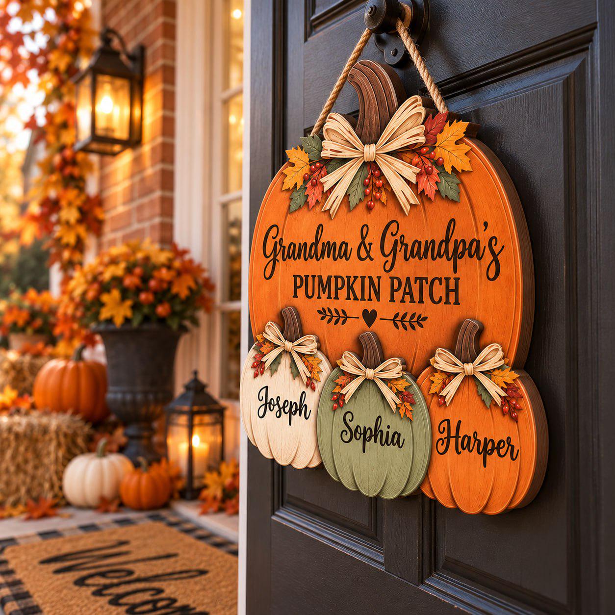 Personalized Grandma Grandpa Pumpkin Door Hanger with Family Patch Sign and Custom Grandkids Names for Fall Porch Decor - photo 3