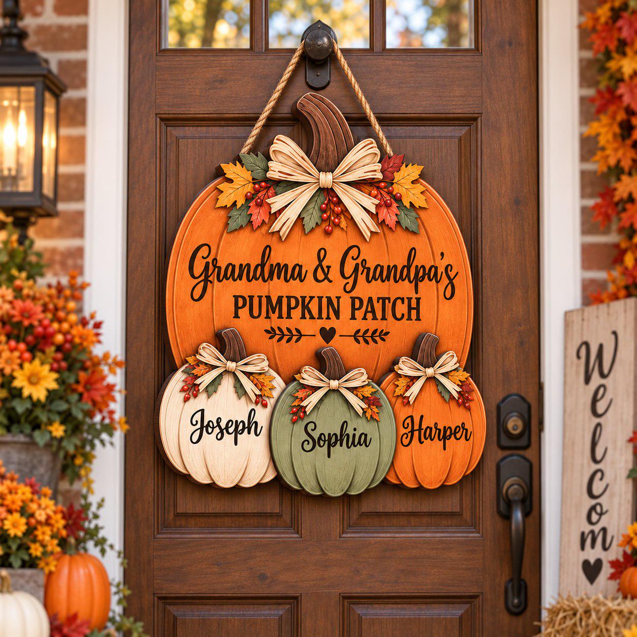 Personalized Grandma Grandpa Pumpkin Door Hanger with Family Patch Sign and Custom Grandkids Names for Fall Porch Decor - photo 4