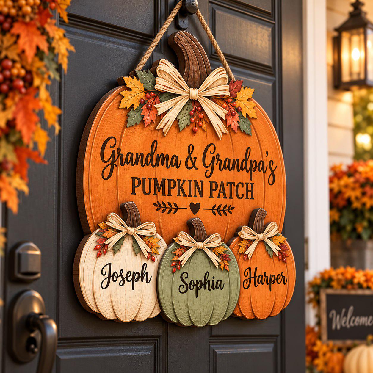 Personalized Grandma Grandpa Pumpkin Door Hanger with Family Patch Sign and Custom Grandkids Names for Fall Porch Decor - photo 5