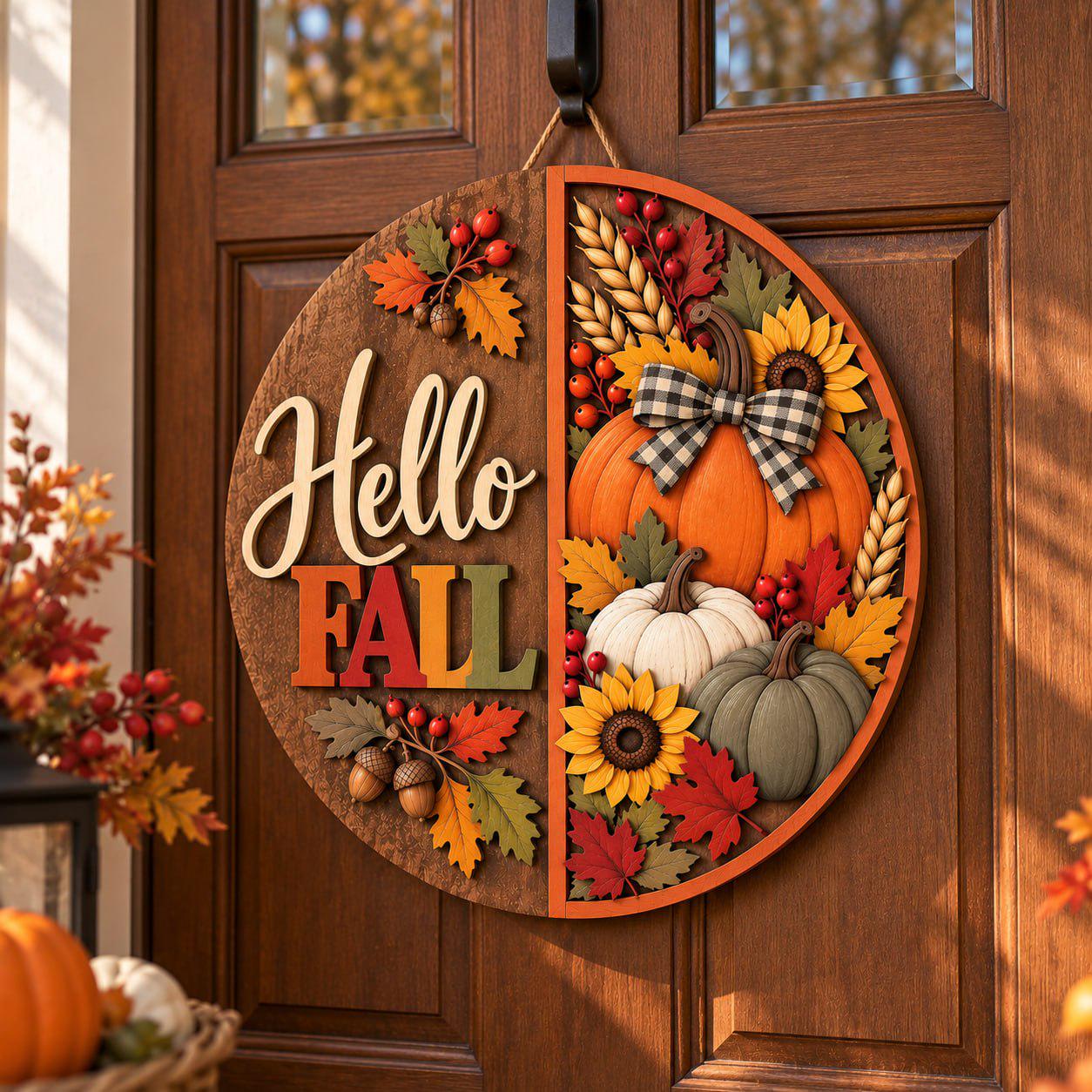 Door Hanger Sign with Hello Fall Pumpkin Sunflower Wooden Design for Autumn Front Door Thanksgiving Porch Wreath Harvest Home Decor