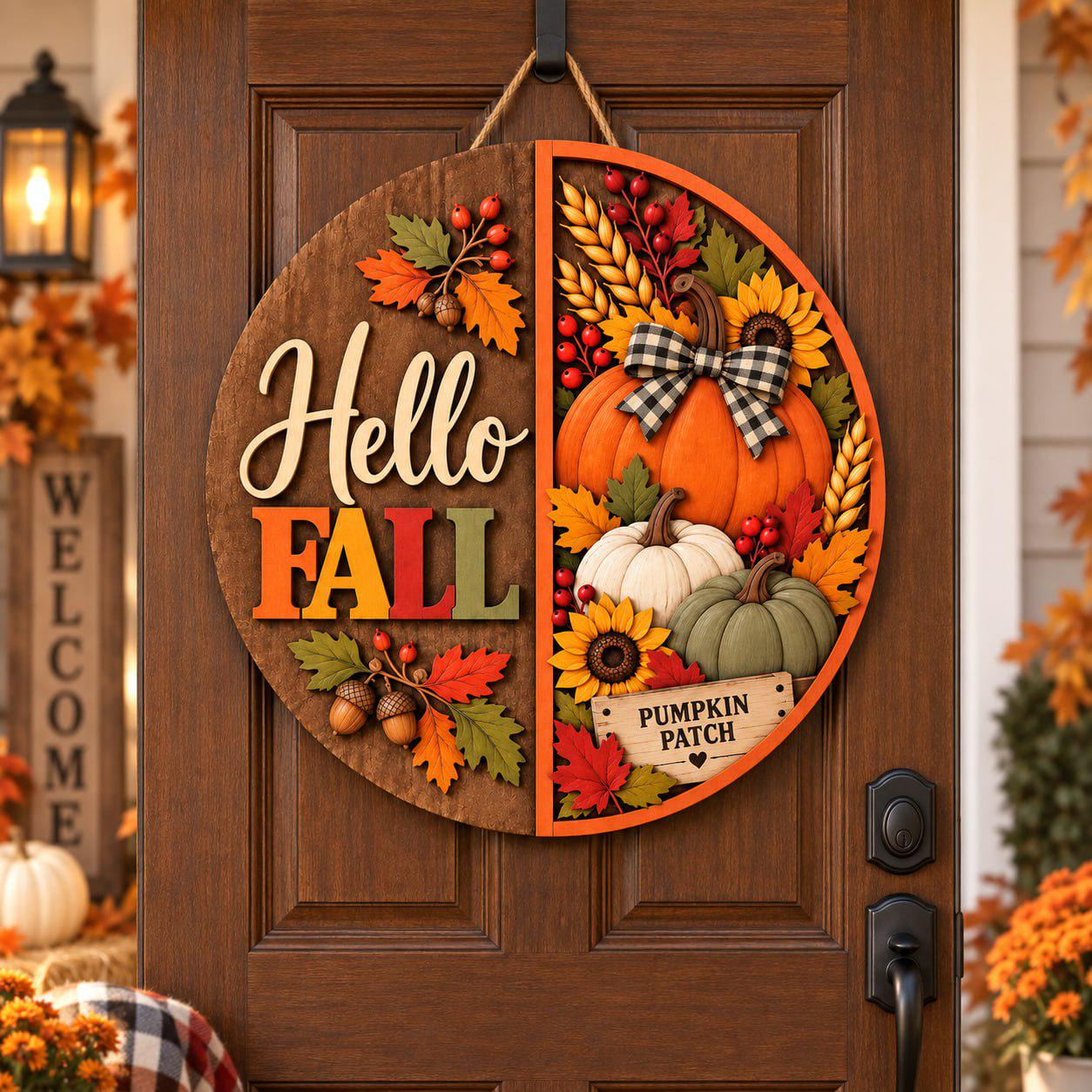 Door Hanger Sign with Hello Fall Pumpkin Sunflower Wooden Design for Autumn Front Door Thanksgiving Porch Wreath Harvest Home Decor - photo 2