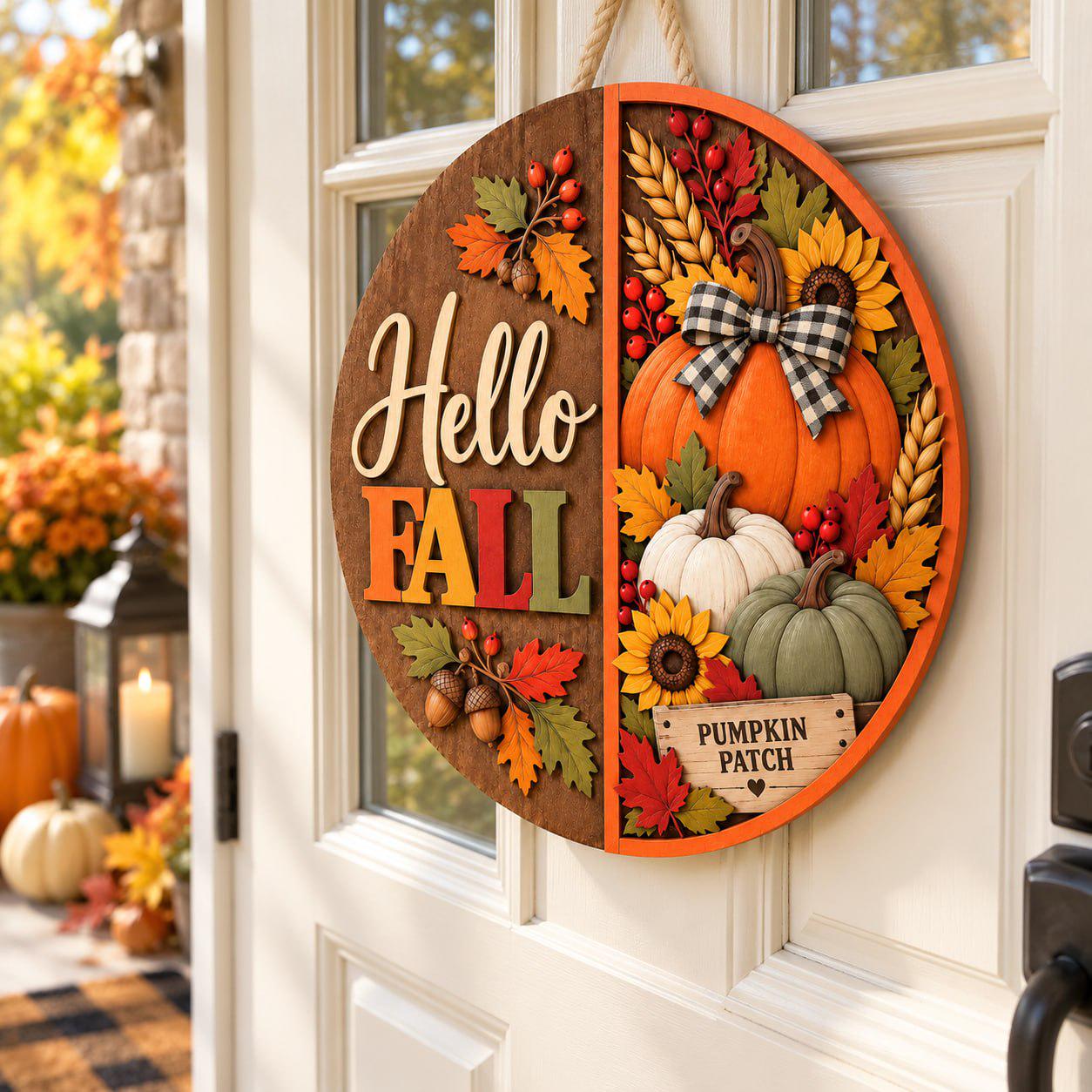 Door Hanger Sign with Hello Fall Pumpkin Sunflower Wooden Design for Autumn Front Door Thanksgiving Porch Wreath Harvest Home Decor - photo 3