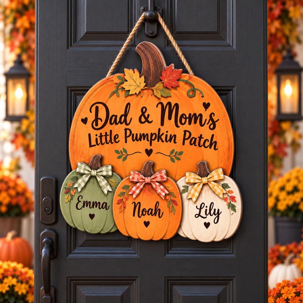 Pumpkin Door Hanger Sign with Personalized Custom Kids Names for Family Patch Fall Door Decor Thanksgiving Porch Gift